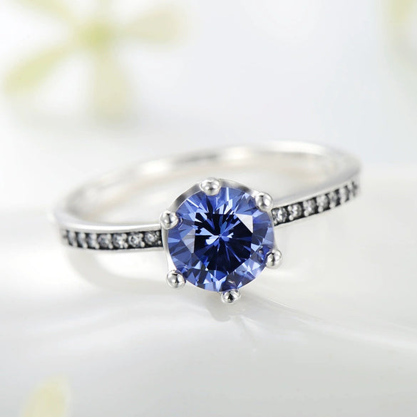 Wholesale Women's S925 Silver Ring With Blue Zircon And Crown Design