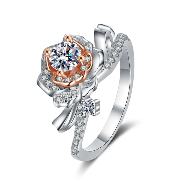 Wholesale Women's S925 Silver Ring With Rose Flower Pattern And Rose Gold Electroplating