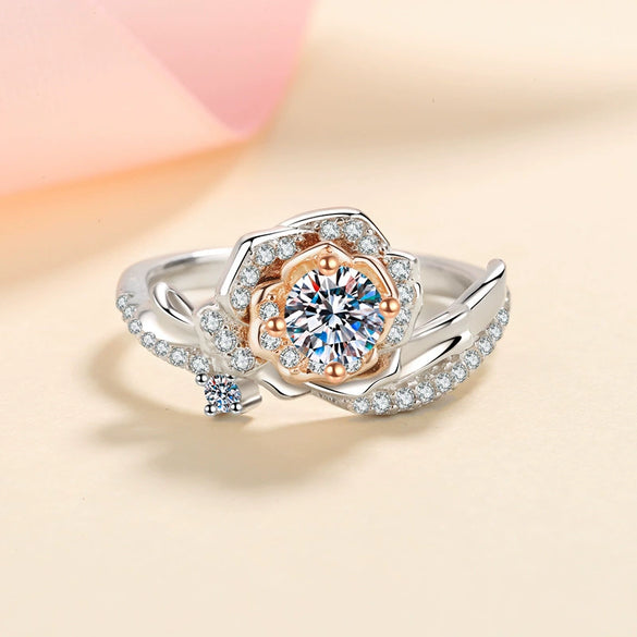 Wholesale Women's S925 Silver Ring With Rose Flower Pattern And Rose Gold Electroplating