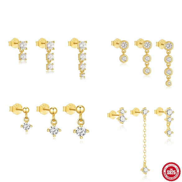 Wholesale Women's S925 Silver Stacking Style Geometric Earrings Set With Electroplating Horse Eye Zircon And Leaf Design