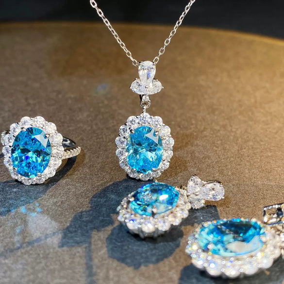Wholesale Women's S925 Sterling Silver Aquamarine Necklace With Geometric Pigeon Egg Pendant And Diamond Inlay