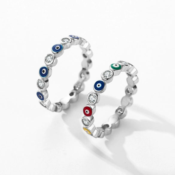 Wholesale Women's S925 Sterling Silver Blue Eye Ring With Colorful Enamel And Dripping Glue Design