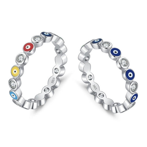 Wholesale Women's S925 Sterling Silver Blue Eye Ring With Colorful Enamel And Dripping Glue Design