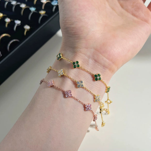 Wholesale Women's S925 Sterling Silver Bracelet With Clover Zircon Inlaid Butterfly Hollow Tail And Flower Pattern Electroplated