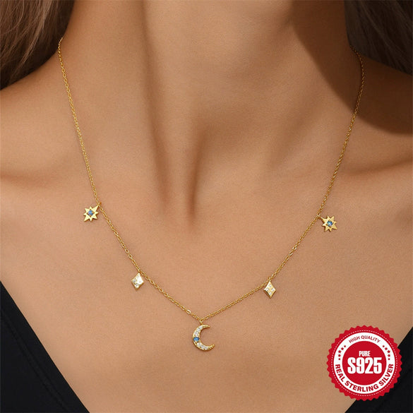 Wholesale Women's S925 Sterling Silver Classic Stacked Star Moon With Opal Necklace Geometric Pattern Electroplated O Chain Clavicle Chain
