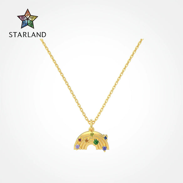 Wholesale Women's S925 Sterling Silver Clavicle Chain Necklace With Rainbow Inlaid Geometric And U Shape Electroplated