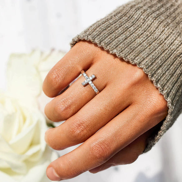 Wholesale Women's S925 Sterling Silver Cross Geometric Ring With Zircon Electroplated