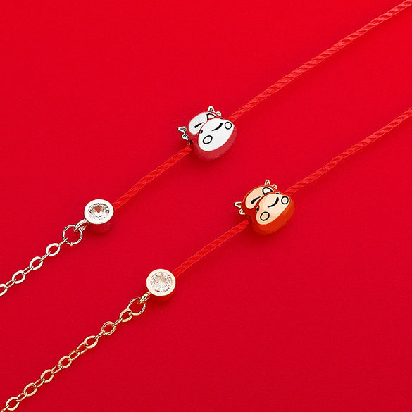 Wholesale Women's S925 Sterling Silver Cute Cow Zodiac Animal Woven Red Electroplated Bracelet