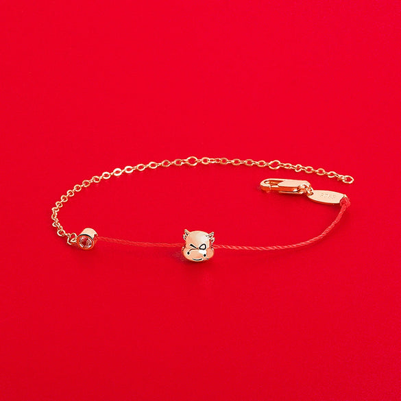 Wholesale Women's S925 Sterling Silver Cute Cow Zodiac Animal Woven Red Electroplated Bracelet