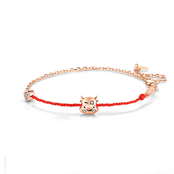 Wholesale Women's S925 Sterling Silver Cute Cow Zodiac Animal Woven Red Electroplated Bracelet