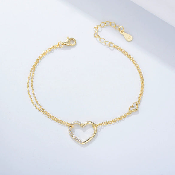 Wholesale Women's S925 Sterling Silver Diamond Heartshaped Doublelayer Bracelet Jewelry