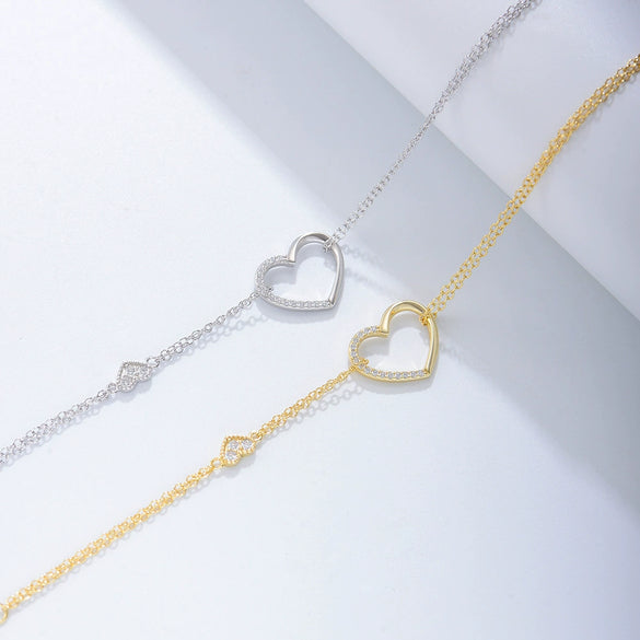 Wholesale Women's S925 Sterling Silver Diamond Heartshaped Doublelayer Bracelet Jewelry