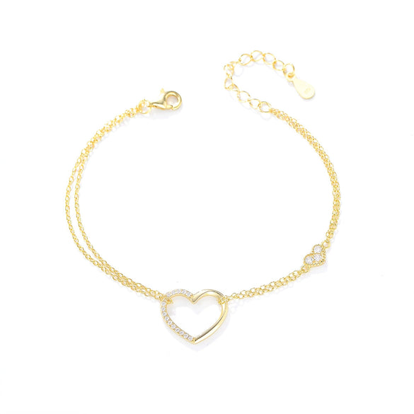 Wholesale Women's S925 Sterling Silver Diamond Heartshaped Doublelayer Bracelet Jewelry