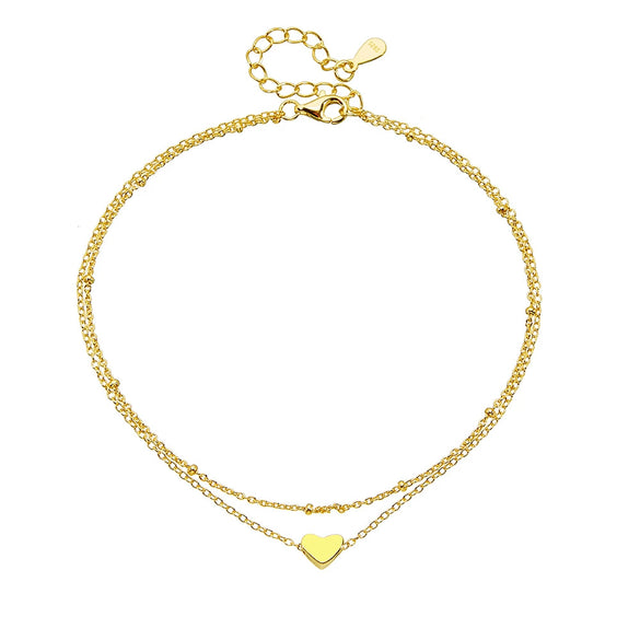 Wholesale Women's S925 Sterling Silver Double Layer Chain Heart Shaped Pendant Anklet With Gold Plated Love Design