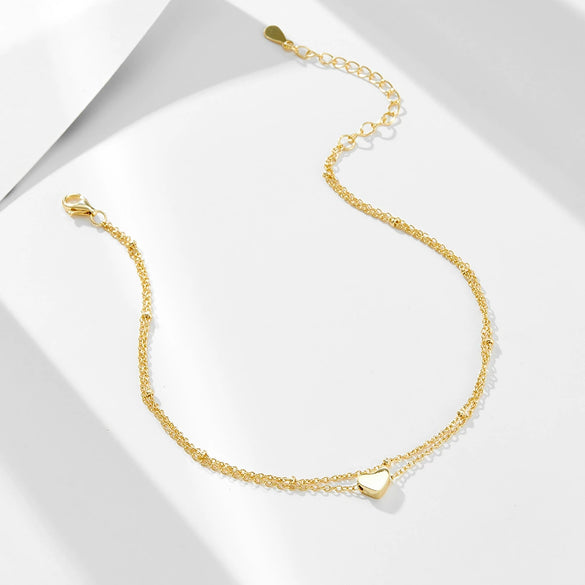 Wholesale Women's S925 Sterling Silver Double Layer Chain Heart Shaped Pendant Anklet With Gold Plated Love Design
