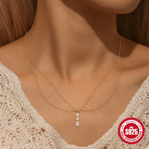 Wholesale Women's S925 Sterling Silver Double Layer Stacked Geometric Elegant Allmatch Clavicle Chain Necklace With Electroplating