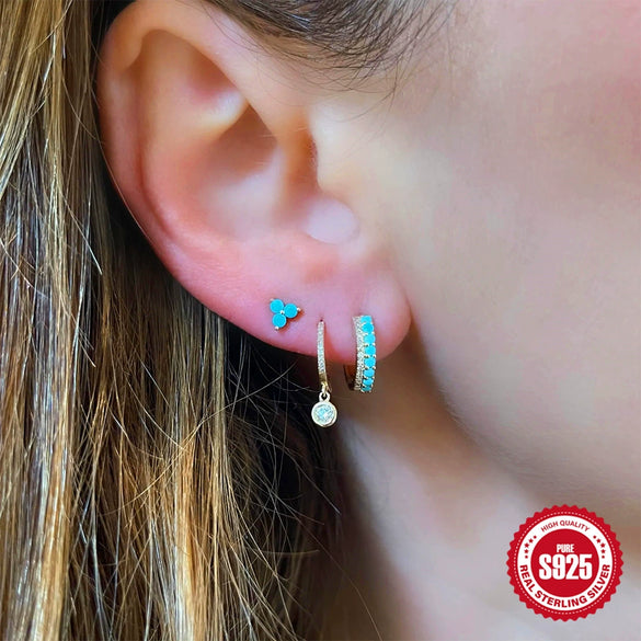 Wholesale Women's S925 Sterling Silver Double Row Mixed Color Diamond Turquoise Earrings With Geometric Design And Electroplating