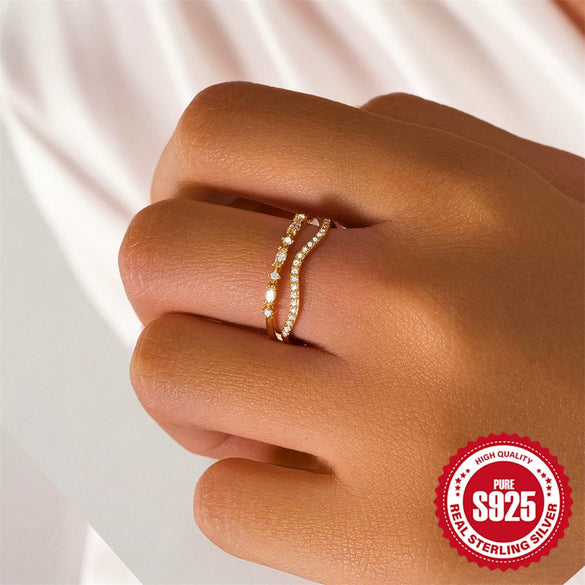 Wholesale Women's S925 Sterling Silver Doublelayer Ring With Moon And Fivepointed Star Design Opening Adjustable Electroplated