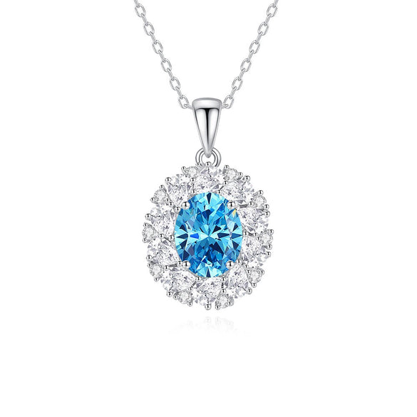 Wholesale Women's S925 Sterling Silver Eggshaped Oval Clavicle Necklace With Aquamarine And High Carbon Diamond Light Luxury Geometric Style Cross Chain