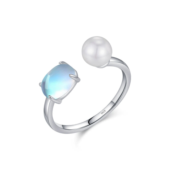 Wholesale Women's S925 Sterling Silver Elegant Geometric Moonstone Adjustable Ring With Diamond Treatment