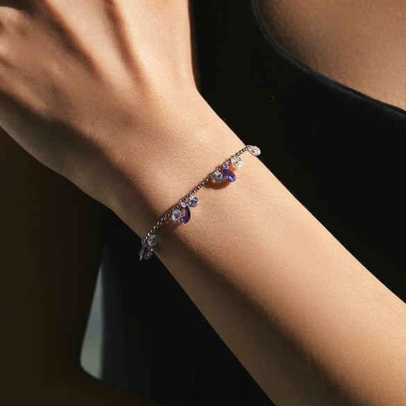 Wholesale Women's S925 Sterling Silver Fairy Style Drop Shape Amethyst Diamond Tassel Peas Bracelet