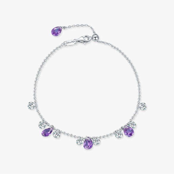 Wholesale Women's S925 Sterling Silver Fairy Style Drop Shape Amethyst Diamond Tassel Peas Bracelet