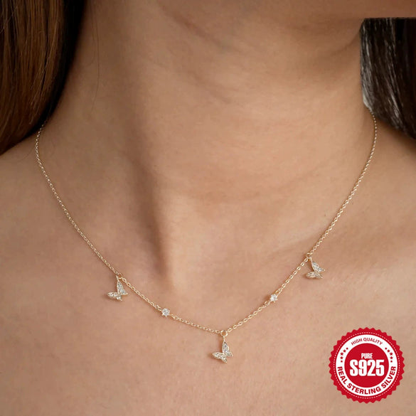 Wholesale Women's S925 Sterling Silver Fashion Elegant Turquoise Butterfly Zircon Stacked Ochain Collarbone Necklace