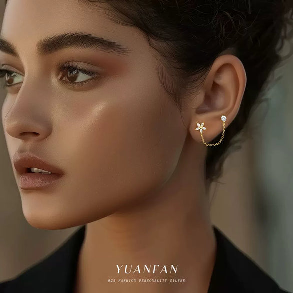 Wholesale Women's S925 Sterling Silver Flower Pattern Chain Tassel Earrings With Zirconia