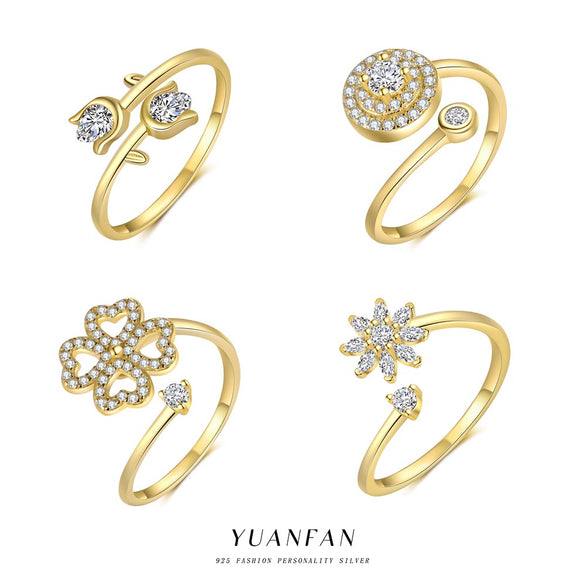 Wholesale Women's S925 Sterling Silver Flower Petal Micropaved Opening Adjustable Ring