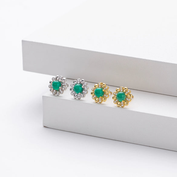 Wholesale Women's S925 Sterling Silver Flower Shaped Earrings With Imitation Green Chalcedony And Zircon Inlaid Electroplated
