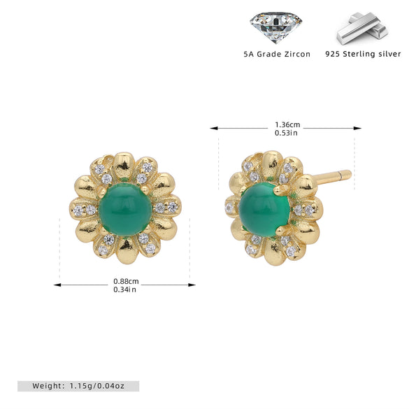 Wholesale Women's S925 Sterling Silver Flower Shaped Earrings With Imitation Green Chalcedony And Zircon Inlaid Electroplated