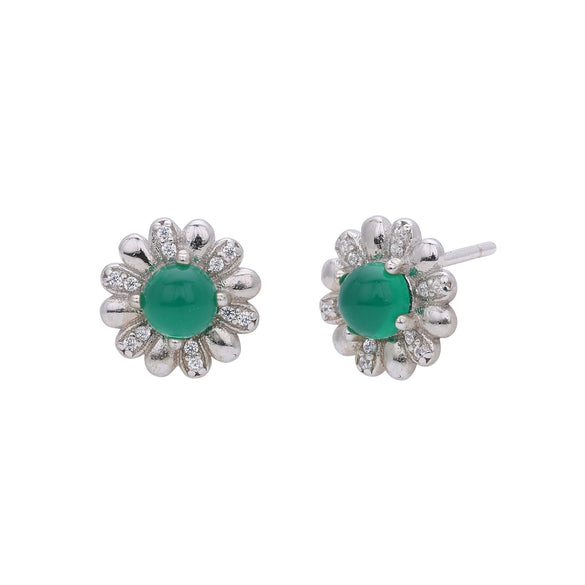 Wholesale Women's S925 Sterling Silver Flower Shaped Earrings With Imitation Green Chalcedony And Zircon Inlaid Electroplated
