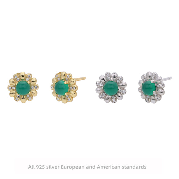 Wholesale Women's S925 Sterling Silver Flower Shaped Earrings With Imitation Green Chalcedony And Zircon Inlaid Electroplated