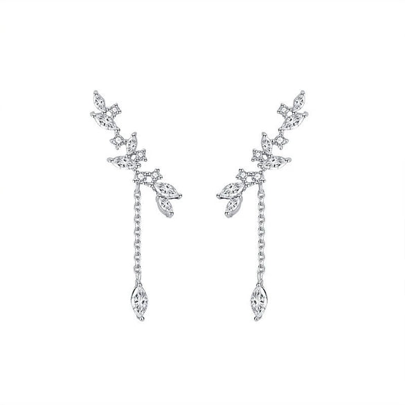 Wholesale Women's S925 Sterling Silver Forest Style Floral Leaf Micro Inlaid Zircon Tassel Earrings