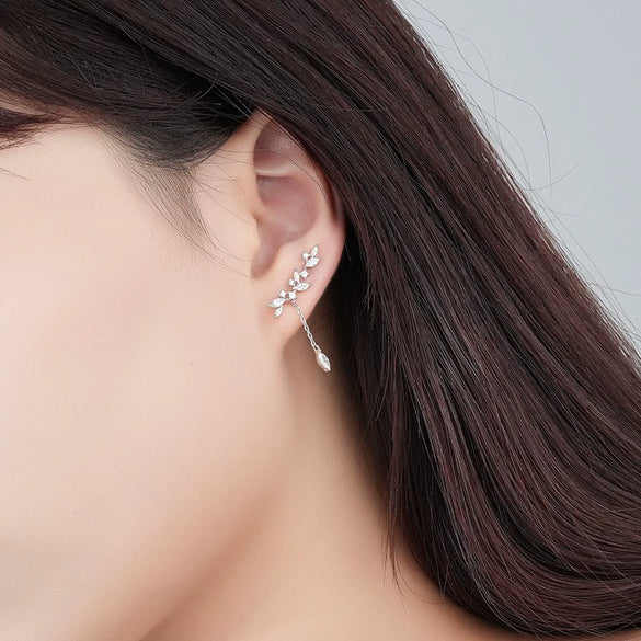 Wholesale Women's S925 Sterling Silver Forest Style Floral Leaf Micro Inlaid Zircon Tassel Earrings