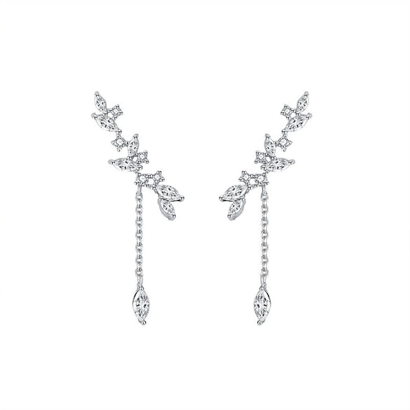 Wholesale Women's S925 Sterling Silver Forest Style Floral Leaf Micro Inlaid Zircon Tassel Earrings
