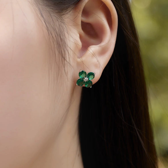 Wholesale Women's S925 Sterling Silver Fourleaf Clover Zircon Inlay Electroplated Earrings With Flower Design