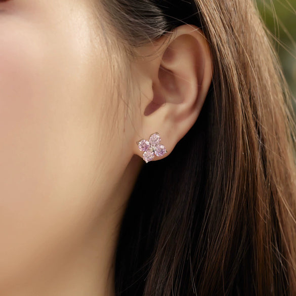 Wholesale Women's S925 Sterling Silver Fourleaf Clover Zircon Inlay Electroplated Earrings With Flower Design