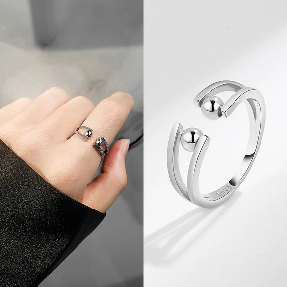 Wholesale Women's S925 Sterling Silver Geometric Antifidget Open Adjustable Beaded Finger Rotating Ring With Electroplating