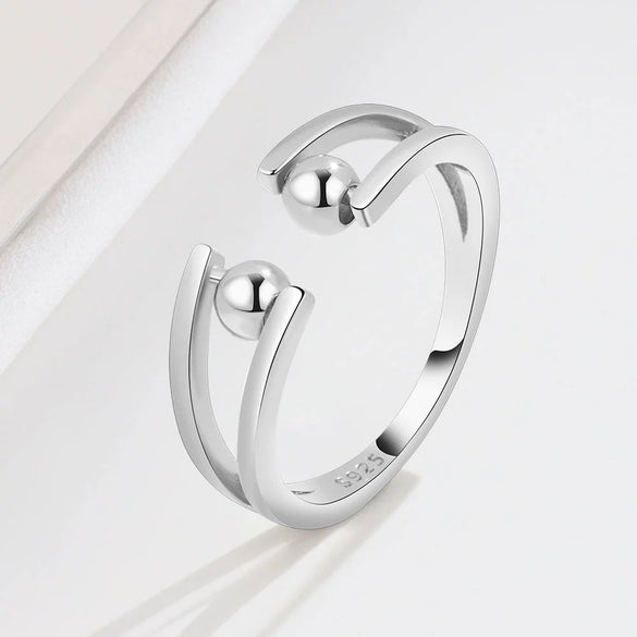 Wholesale Women's S925 Sterling Silver Geometric Antifidget Open Adjustable Beaded Finger Rotating Ring With Electroplating