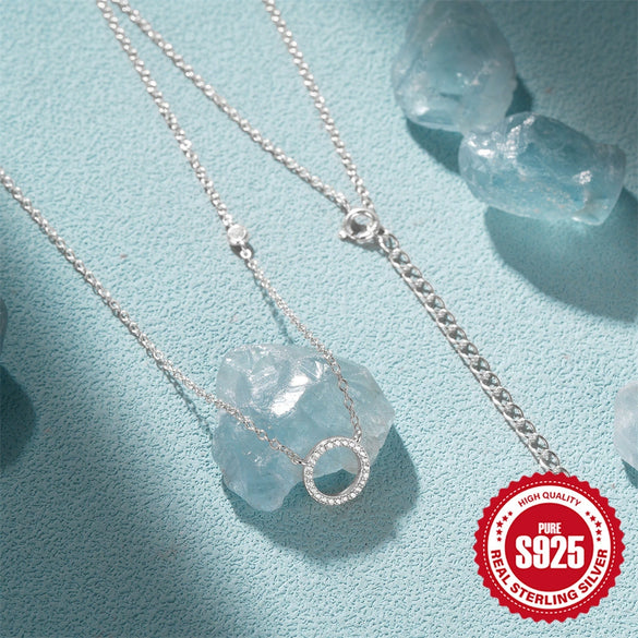 Wholesale Women's S925 Sterling Silver Geometric Circle Clavicle Chain Necklace With Diamond Embedded And Electroplating
