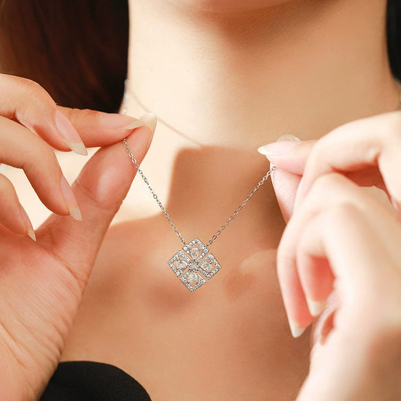 Wholesale Women's S925 Sterling Silver Geometric Flower Pendant Necklace With Gem Inlaid And Cross Chain