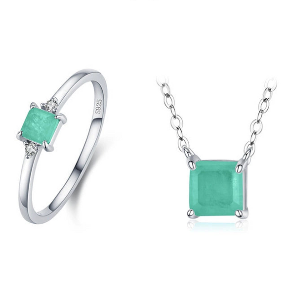 Wholesale Women's S925 Sterling Silver Geometric Gem Inlaid Necklace And Ring