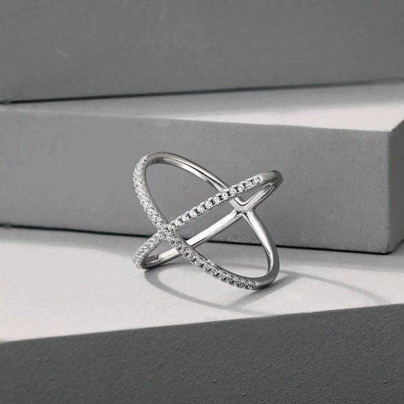 Wholesale Women's S925 Sterling Silver Geometric Light Luxury Zircon Inlaid Cross Overlapping Ring With Electroplating