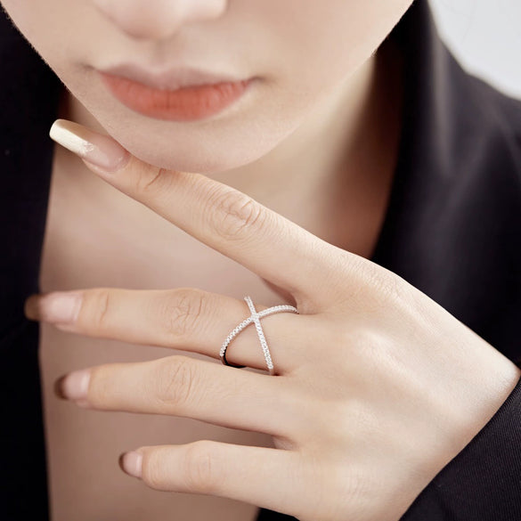 Wholesale Women's S925 Sterling Silver Geometric Light Luxury Zircon Inlaid Cross Overlapping Ring With Electroplating