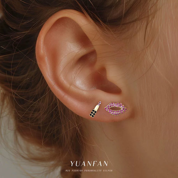 Wholesale Women's S925 Sterling Silver Geometric Lips Micropaved Zircon Earrings Light Luxury Style