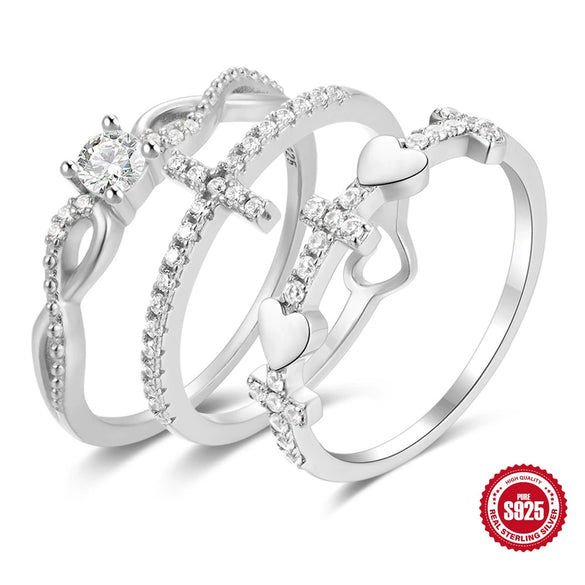 Wholesale Women's S925 Sterling Silver Geometric Love Ring With Cross Zircon And Gem Inlaid