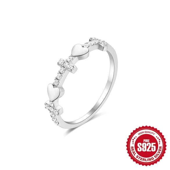 Wholesale Women's S925 Sterling Silver Geometric Love Ring With Cross Zircon And Gem Inlaid