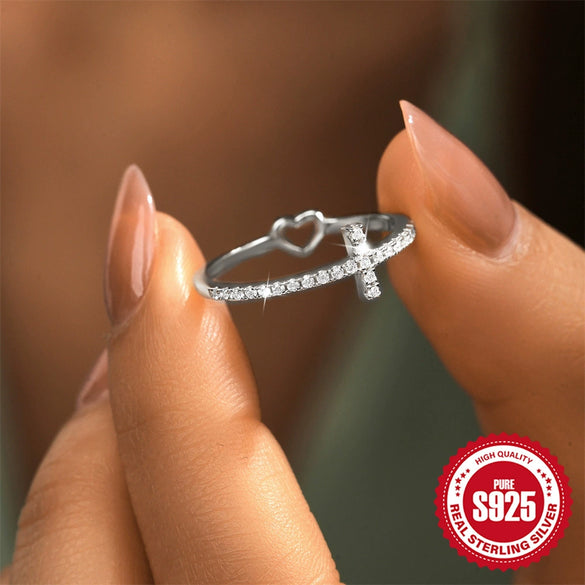 Wholesale Women's S925 Sterling Silver Geometric Love Ring With Cross Zircon And Gem Inlaid