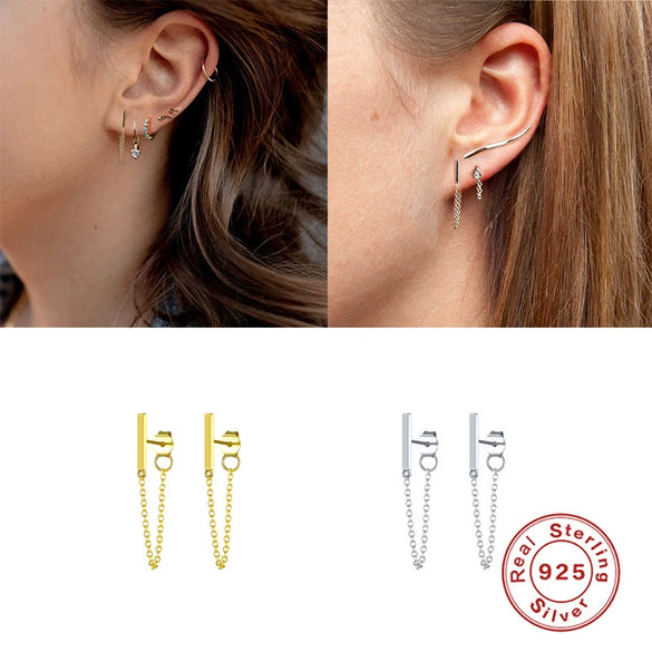 Wholesale Women's S925 Sterling Silver Geometric Minimalist Stick Chain Rear Hanging Earrings
